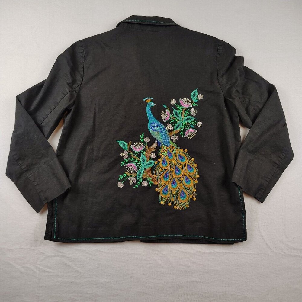 Requirements Black Button Up Embroidered Shirt Peacock Floral Linen Sz 10 - Picture 1 of 12